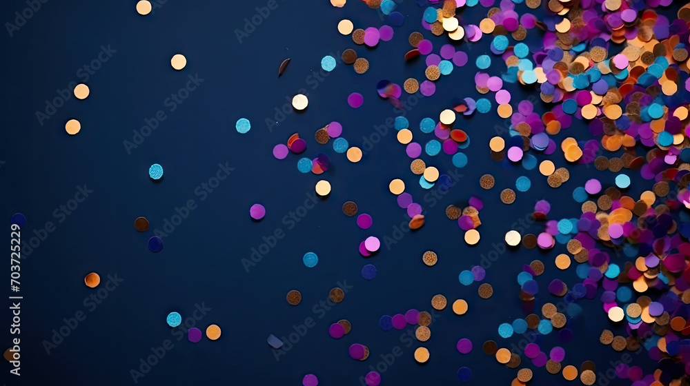A close up of a bunch of confetti dots on a dark blue background,  depicts a vibrant and festive image , for party invitations, celebration announcements, and event promotions. - obrazy, fototapety, plakaty 