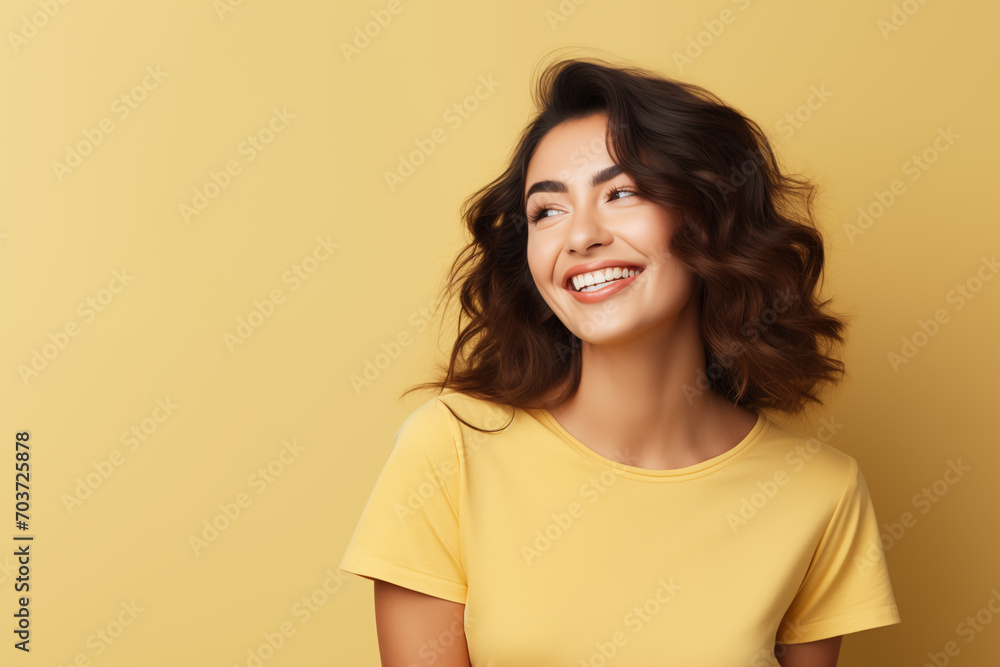 Photo of an happy woman wearing casual clothes. Portrait. Isolated on a yellow background. Photo of an happy woman wearing casual clothes. Portrait. Isolated on a yellow background.
