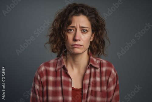 Photo of an cry woman wearing casual clothes. Portrait. Isolated on a grey background.