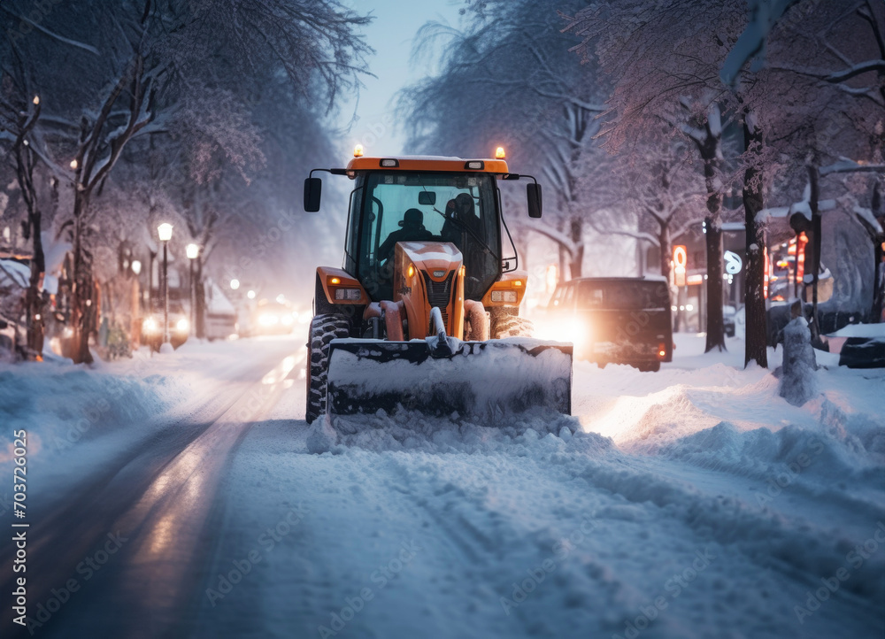 Tractor with rotary sweeper clearing city street at night after heavy snowfall Tractor with rotary sweeper clearing city street at night after heavy snowfall