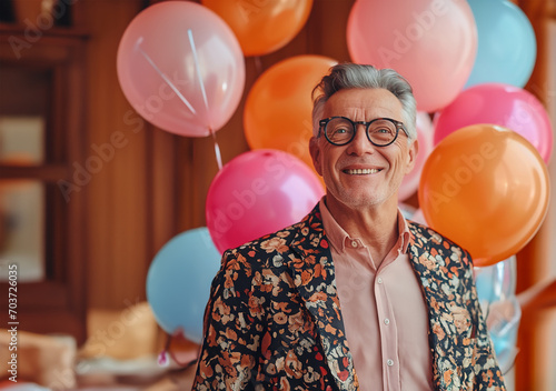 Cheerful Gray-Haired Man in Chic Clothes at Nerds Party © Debi Kurnia Putra