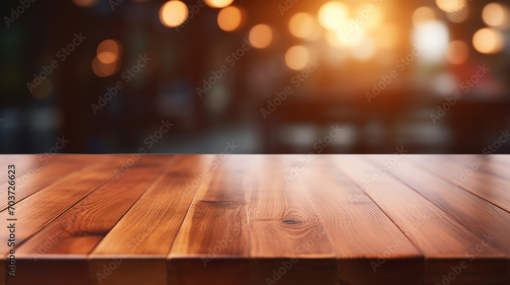 Wood table top with reflect on blur of living in cafe Wood table top with reflect on blur of living in cafe