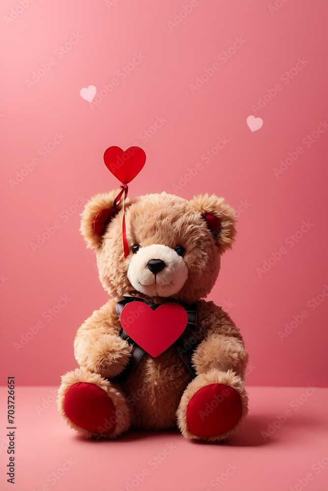 Cute teddy bear with red heart and blank card on pink background, space for text. Valentine's day celebration Cute teddy bear with red heart and blank card on pink background, space for text. Valentine's day celebration