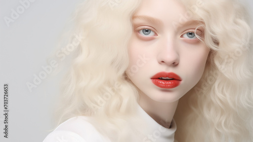 Portrait of beautiful albino teen girl with naive facial expression and plump red lips. Natural beauty with glowing healthy skin. Advertising of cosmetics, perfumes
