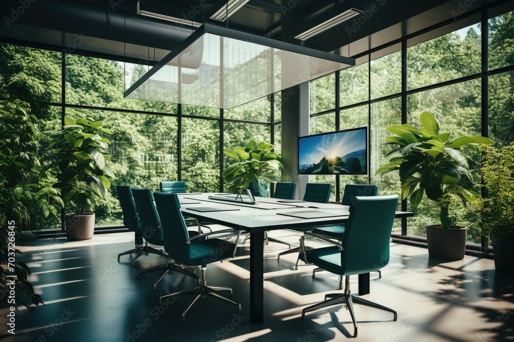 Modern office interior with green plants and large windows