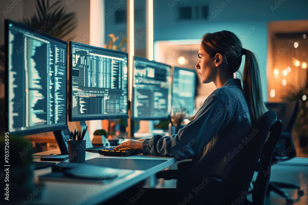 Professional woman programmer working late at night in an office with ...