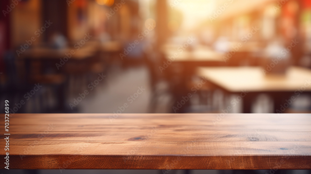 Wooden table in blur background that contains chair