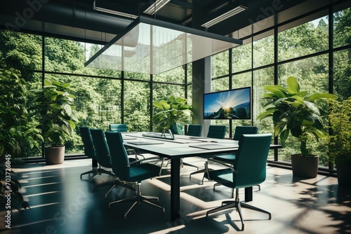 Modern office interior with green plants and large windows © duyina1990