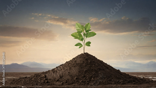 Green plant growing out of soil with mountains in background. Ecology concept. Earth Day