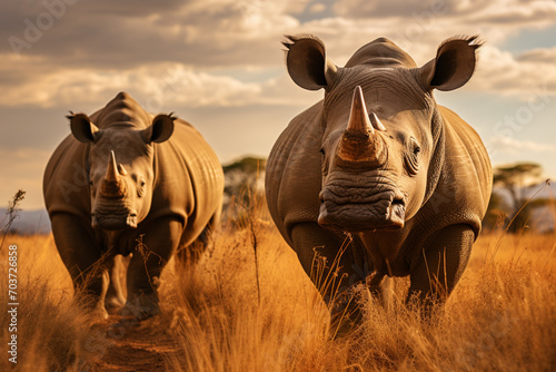A savanna scene with a group of rhinos and a dramatic sky. © Oleksandr