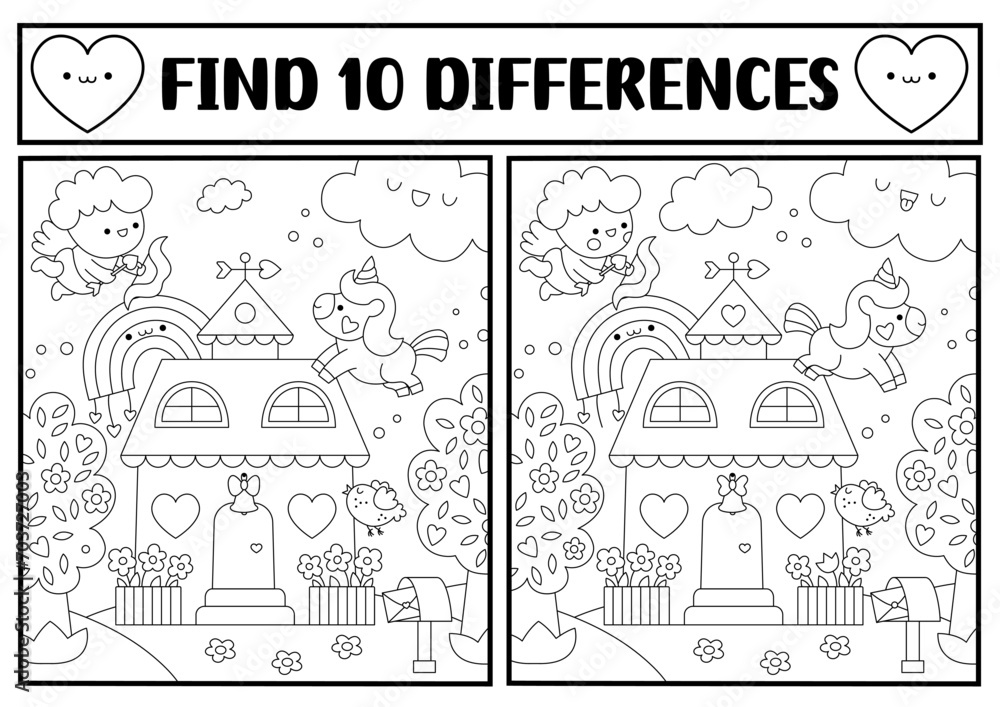Saint Valentine kawaii black and white find differences game. Attention skills activity with scene, cupid, house with heart, unicorn. Love holiday puzzle, coloring page for kids. Printable worksheet.