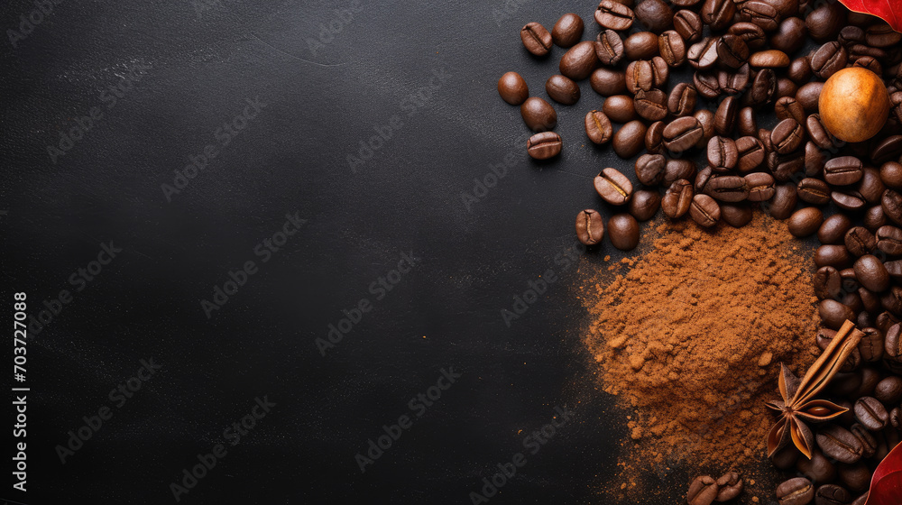 coffee beans , Coffee cup and cinnamon on dark background. copy space for text coffee beans , Coffee cup and cinnamon on dark background. copy space for text