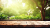 wooden table space with green home backyard view blurred background on sunny day