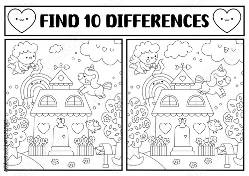 Saint Valentine kawaii black and white find differences game. Attention skills activity with scene  cupid  house with heart  unicorn. Love holiday puzzle  coloring page for kids. Printable worksheet.