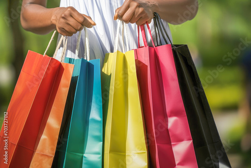 A person carrying multiple colorful shopping bags on a bright sunny day, representing a successful shopping spree.