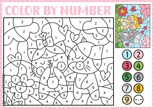 Vector Saint Valentine color by number activity with cute kawaii cats couple. Love holiday scene. Black and white counting game with funny kissing kittens, hearts. Coloring page for kids.