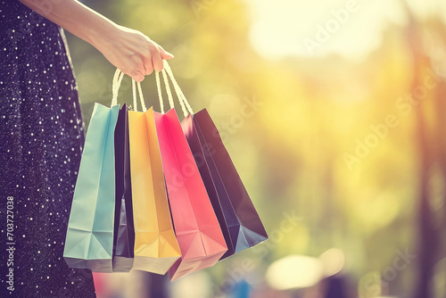 A woman carrying colorful shopping bags on a sunny street captures the essence of a joyful retail experience.