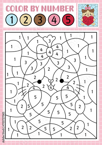 Vector Saint Valentine color by number activity with cute kawaii cat holding heart. Love holiday scene. Black and white counting game with funny kitten girl. Coloring page for kids.