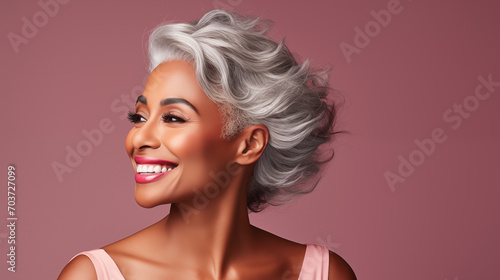 Beautiful mature black woman with glowing healthy skin close-up. Advertising of cosmetics, perfumes, copy space photo