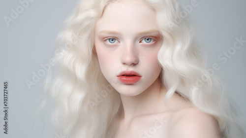 Beautiful albino teen girl with curly hair, naive facial expression and plump lips close-up. Natural beauty with glowing healthy skin. Advertising of cosmetics, perfumes