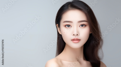 Beautiful young asian woman with glowing healthy skin close-up. Advertising of cosmetics, perfumes, copy space