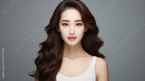 Beautiful young asian woman with glowing healthy skin close-up. Advertising of cosmetics, perfumes, copy space