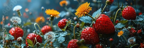 Bright Bouquet Strawberry Shells Dandelion Leaves, Banner Image For Website, Background, Desktop Wallpaper photo