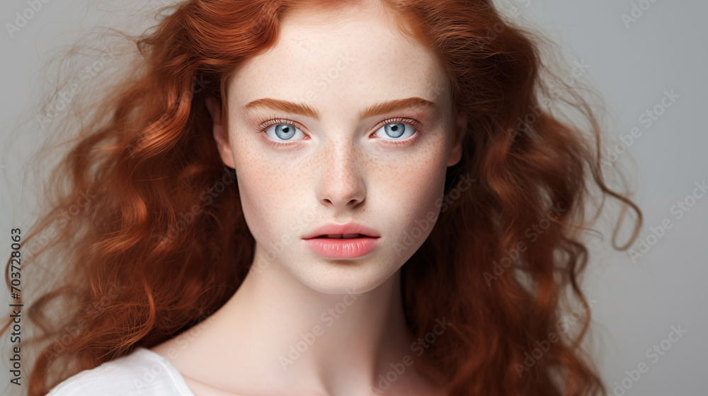 Portrait of beautiful young woman with ginger hair, blue eyes, skin details. Natural beauty with freckles on the face. Advertising of cosmetics, perfumes Portrait of beautiful young woman with ginger hair, blue eyes, skin details. Natural beauty with freckles on the face. Advertising of cosmetics, perfumes
