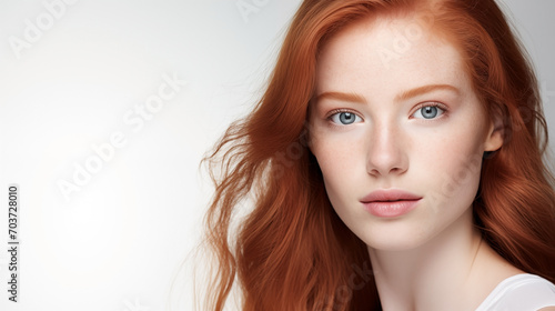 Portrait of beautiful young woman with ginger hair, blue eyes, skin details. Natural beauty with freckles on the face. Advertising of cosmetics, perfumes