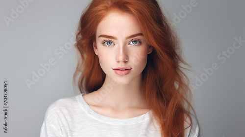 Portrait of beautiful teen girl with ginger hair, blue eyes, plump lips, naive facial expression. Natural beauty with freckles on the face. Advertising of cosmetics, perfumes photo