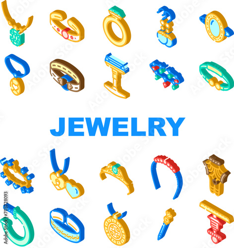 jewelry ring gold jewel icons set vector. jewellery accessory, necklace diamond, bracelet silver, gift, luxury girl jewelry ring gold jewel isometric sign illustrations