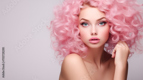 Beautiful young woman with blue eyes, pink curly hair, plump lips, naive facial expression close-up. Natural beauty with glowing healthy skin. Advertising of cosmetics, perfumes, copy space