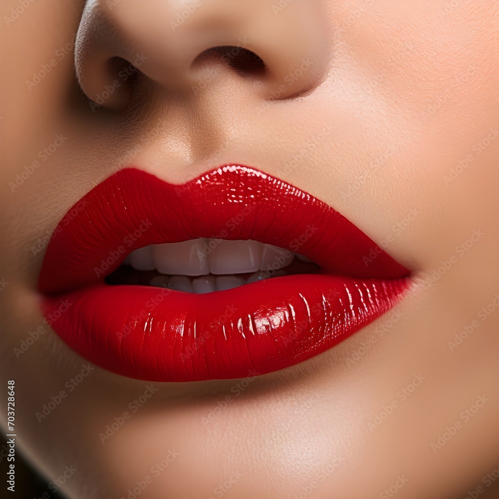 Close up lips of woman, bright red lipstick, Radiant, Youthful, Glowing, Flawless, Elegance, Chic, Alluring, Timeless, Glamorous, Confidence, beautiful white teeth Close up lips of woman, bright red lipstick, Radiant, Youthful, Glowing, Flawless, Elegance, Chic, Alluring, Timeless, Glamorous, Confidence, beautiful white teeth