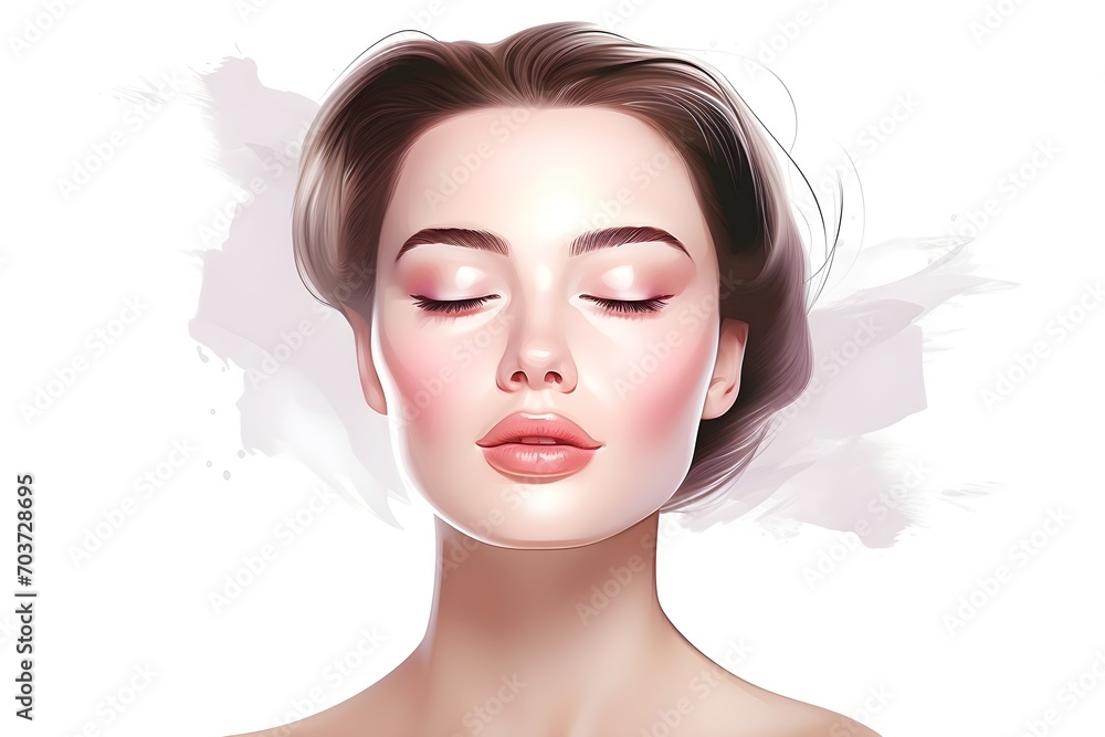 Beautiful digital art illustration of a lady's beautiful face close up, makeup, beauty tips for girls, in the style of serene faces, white background, subtlety