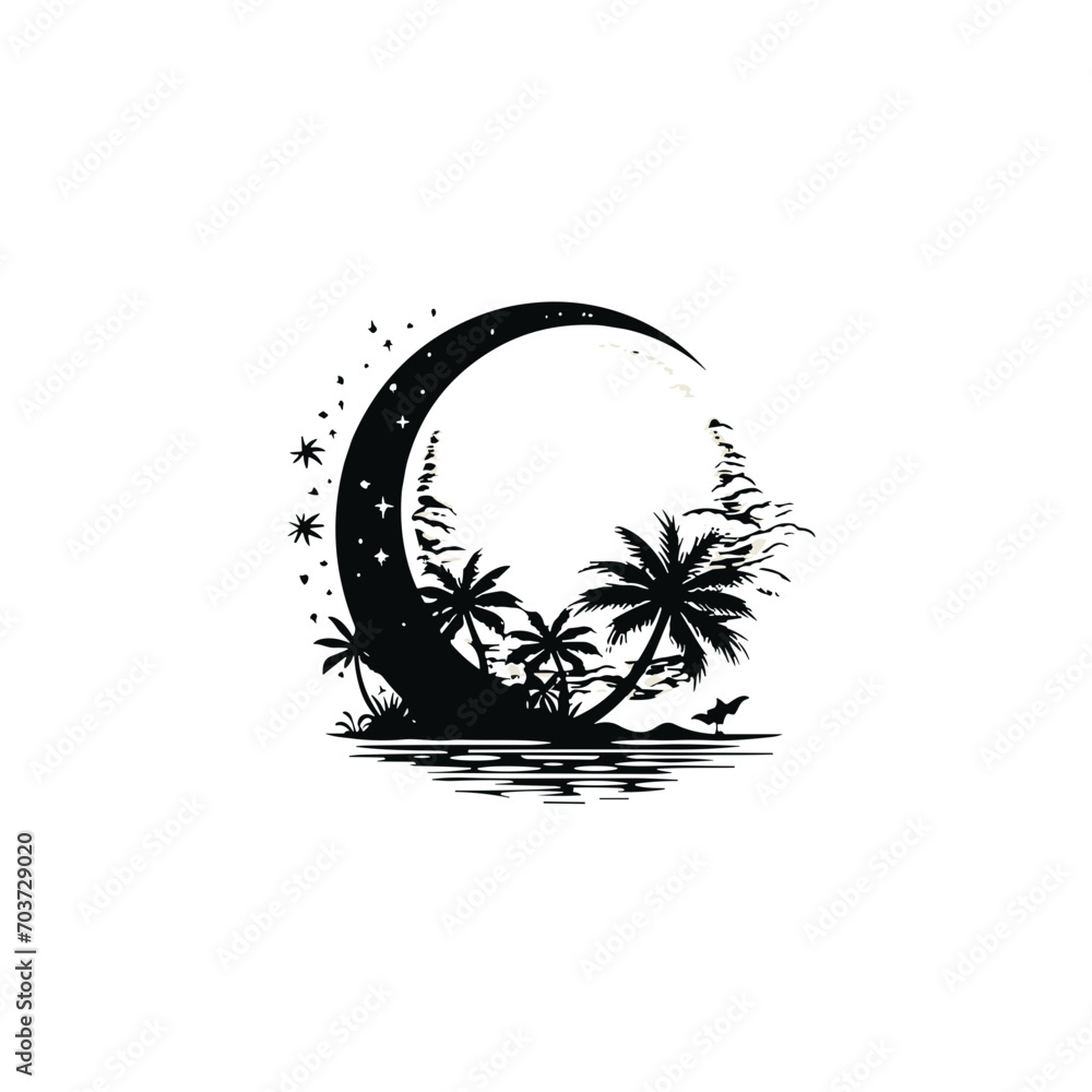 Obraz premium Moon svg, moon png, summer clipart, clipart, moon illustration, palm, tree, beach, tropical, vector, summer, illustration, island, silhouette, sea, sun, nature, travel, ocean, sunset, design, sky, lan