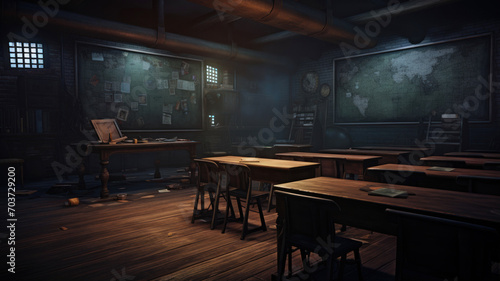 old abandoned school classroom in a dark room