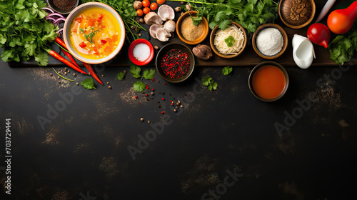 asian classic soup ingredients with vegetables, herbs on dark backgroundcopy space for text