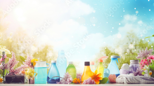 Cosmetics bottles with spring flowers on nature background. Selective focus.