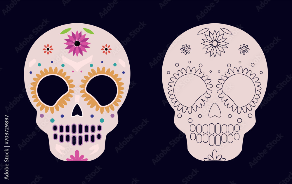 Set of skulls for Halloween. Decoration for the holiday. Skull coloring page and illustration.