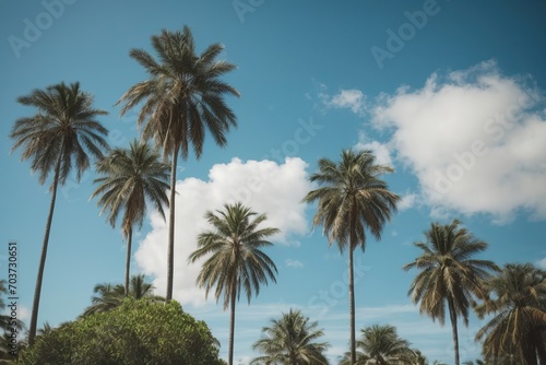 Palm trees in summer with clear blue sky, photo taken from ground looking up, tropical vacation generative AI