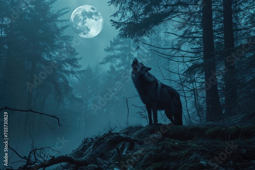 werewolf howling at the moon in a forest howling wolf © PinkiePie