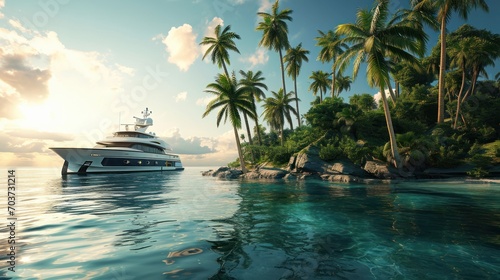 Extremely detailed and realistic high resolution 3D image of a Super Yacht approaching a tropical Island with palms --ar 16 9 --v 6 Job ID  2a670783-d45a-4a5c-a6ac-1a0f9227a03b