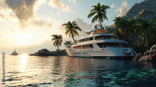Extremely detailed and realistic high resolution 3D image of a Super Yacht approaching a tropical Island with palms --ar 16:9 --v 6 Job ID: 2a670783-d45a-4a5c-a6ac-1a0f9227a03b © Chingiz