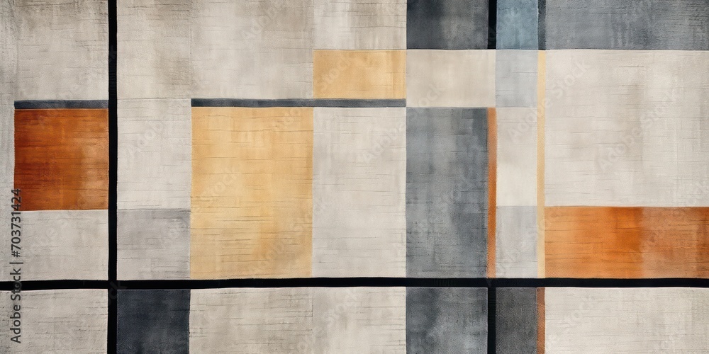 Fototapeta premium Modern geometric rug featuring an intricate wall edging pattern. It draws inspiration from glazed surfaces and boasts a rustic texture, with a color palette ranging from light yellow to dark blue.