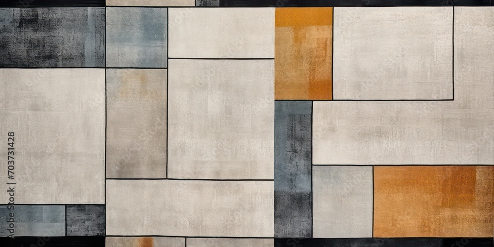 Modern geometric rug featuring an intricate wall edging pattern. It draws inspiration from glazed surfaces and boasts a rustic texture, with a color palette ranging from light yellow to dark blue. - obrazy, fototapety, plakaty 