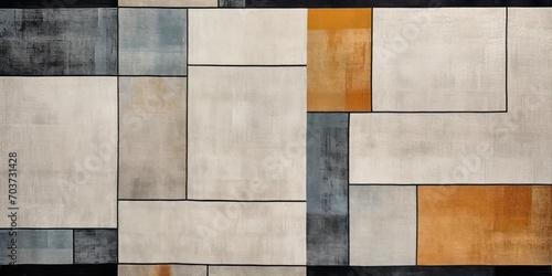Modern geometric rug featuring an intricate wall edging pattern. It draws inspiration from glazed surfaces and boasts a rustic texture, with a color palette ranging from light yellow to dark blue.