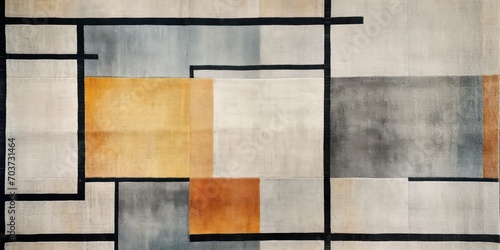 Modern geometric rug featuring an intricate wall edging pattern. It draws inspiration from glazed surfaces and boasts a rustic texture, with a color palette ranging from light yellow to dark blue. photo