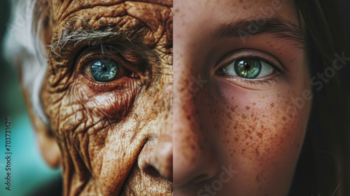 Duality of Advocacy - Close-up portrait of a person with their face evenly divided into a young and elderly half, representing a young activist and a lifelong advocate Gen AI photo