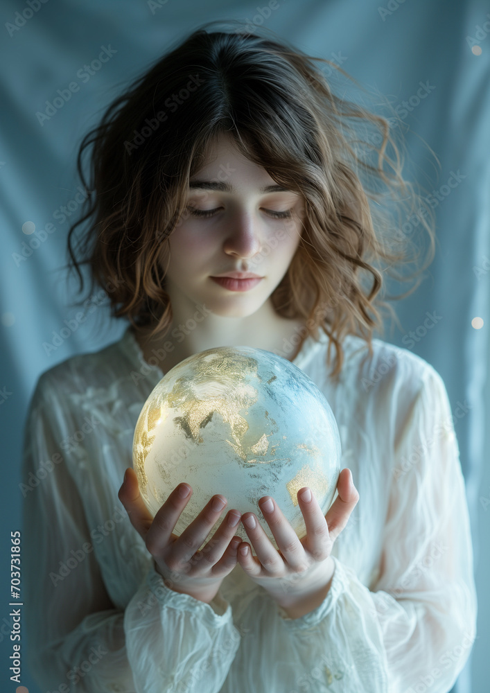 Naklejka premium A Portrait of A girl with a Illuminating Globe-Surreal Portrait