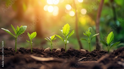 the seedling are growing from the rich soil to the morning sunlight